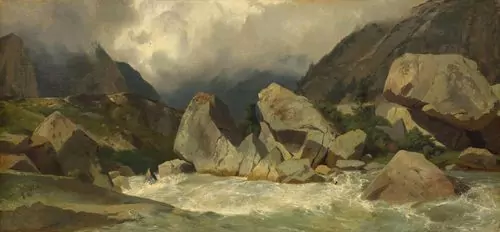 ALEXANDRE CALAME — Torrent de montagne, rochers, vue sur une vallée. Um 1860-1863. — Koller Auktionen