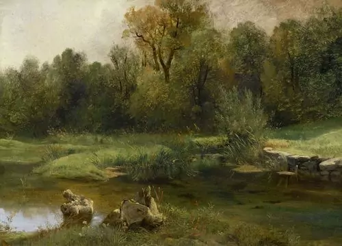 ALEXANDRE CALAME — Landschaft mit einem Teich im Vordergrund. — Koller Auktionen