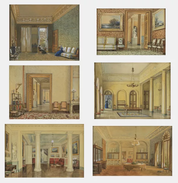 Alexandre Calame — Suite de 6 aquarelles représentant les intérieurs de Beaulieu près de Rolle