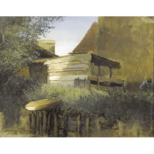 Alexandre Calame — Gartenzaun mit Holzhütte unter sommerlichem Himmel.