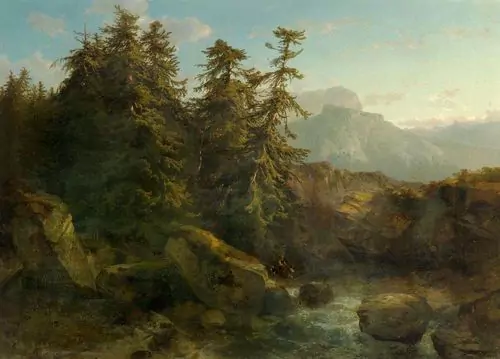 ALEXANDRE CALAME — Sapins, cours d'eau, soleil couchant. 1848. — Koller Auktionen