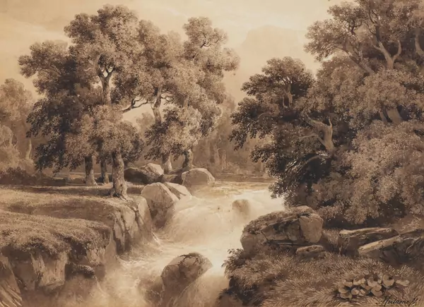 Alexandre CALAME (1810-1864), 'Paysage au cours d'eau', Lavis sépia et encre sur papier — DognyAuction