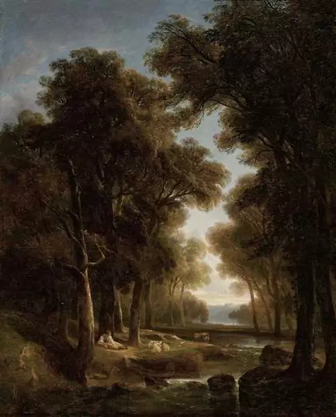 ALEXANDRE CALAME — Paysage avec arbres, eau, bergers et vaches. 1842. — Koller Auktionen
