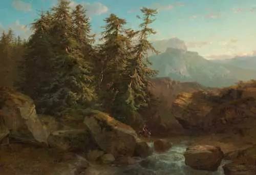 ALEXANDRE CALAME — Sapins, cours d'eau, soleil couchant. 1848. — Koller Auktionen