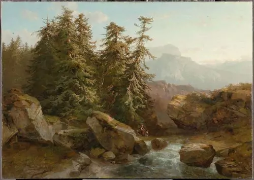 ALEXANDRE CALAME — Sapins, cours d'eau, soleil couchant. 1848. — Koller Auktionen
