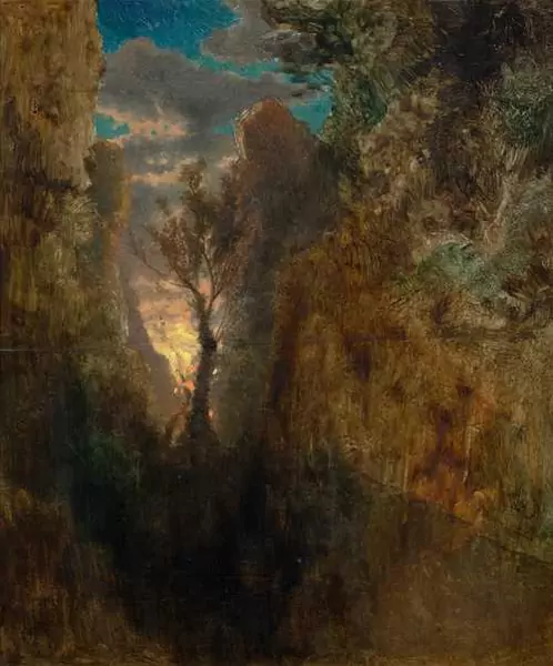 ALEXANDRE CALAME — Gorge avec arbrisseau, ciel à lumière jaune. 1857-1863. — Koller Auktionen