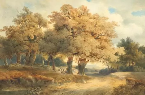 CALAME, ALEXANDRE — Arbres, chemins et personnages (Trees, paths and figures). 1834. — Koller Auktionen