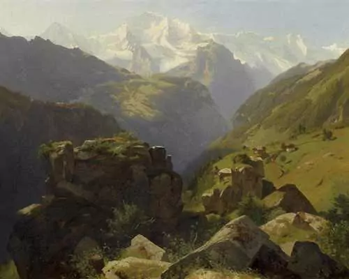ALEXANDRE CALAME — Blick auf die Jungfrau über eine Geröllhalde. Um 1854 - 1860. — Koller Auktionen
