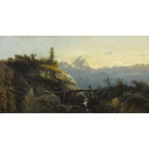 Berglandschaft mit Brücke und Bauern