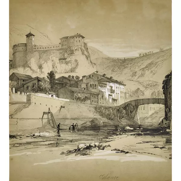 Berglandschaft mit Festung und Häusern am Fluss