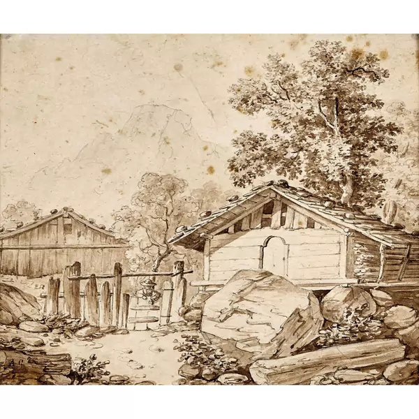 Bauernhof in Gebirgslandschaft mit Figurenstaffage