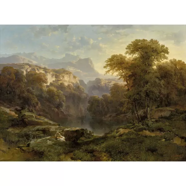 "Lac avec moine lisant"
