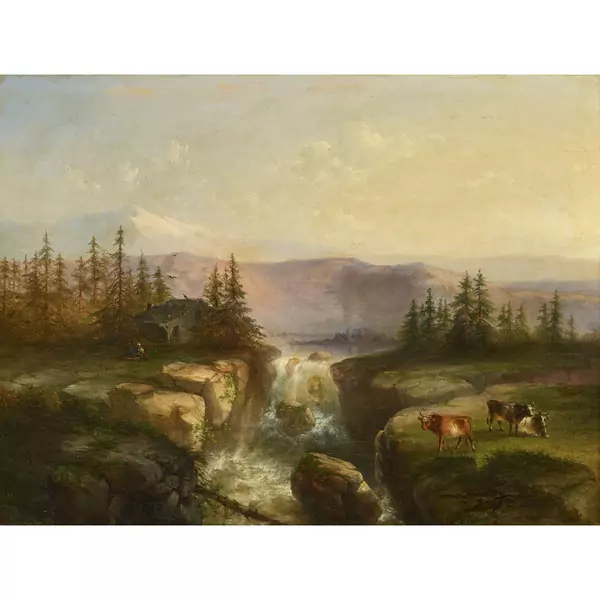 Landschaft mit Wasserfall und weidenden Kühen