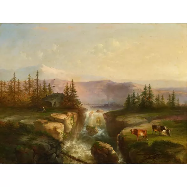 Landschaft mit Wasserfall und weidenden Kühen