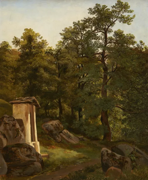 Alexandre Calame — Waldlichtung mit kleiner Kapelle