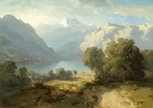 ALEXANDRE CALAME — Blick auf die Dents du Midi und den Genfersee. 1848–52. — Koller Auktionen