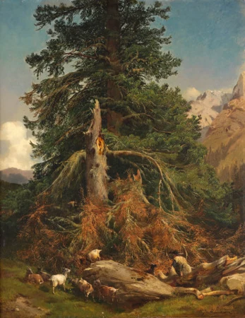Landschaft mit Tanne und Ziegen