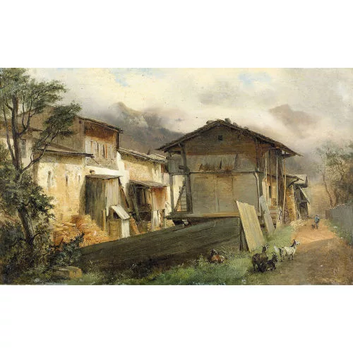 Alexandre Calame — Dorfpartie mit Ziegen.