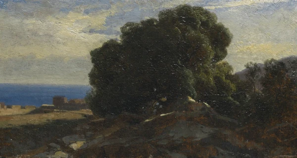 Alexandre Calame — Massif d'arbres et bord de mer, vers Bordighera