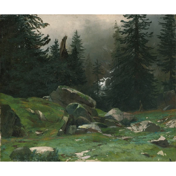 Alexandre Calame — PAYSAGE DE MONTAGNE AVEC ROCHERS ET SAPINSMOUNTAIN LANDSCAPE WITH ROCKS AND PINE-TREES