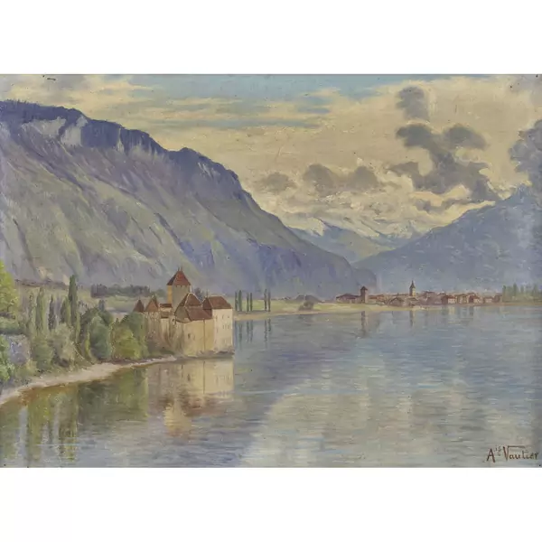 Ansicht des Genfersees mit Schloss Chillon