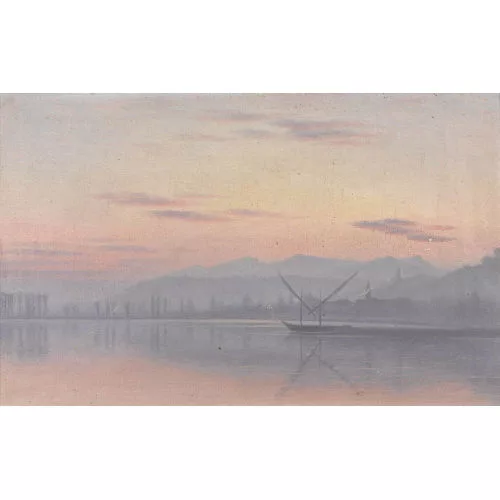 Alexis Vautier — Dämmerige Uferpartie am Lac Léman mit Seglern.