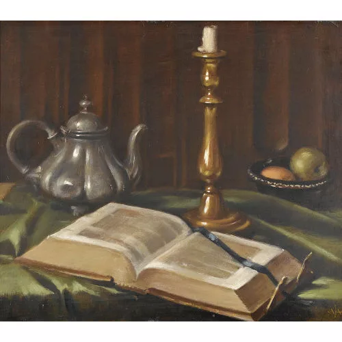 Alfred Anklin — Stillleben mit Buch, Kanne, Kerzenstock und Früchten.