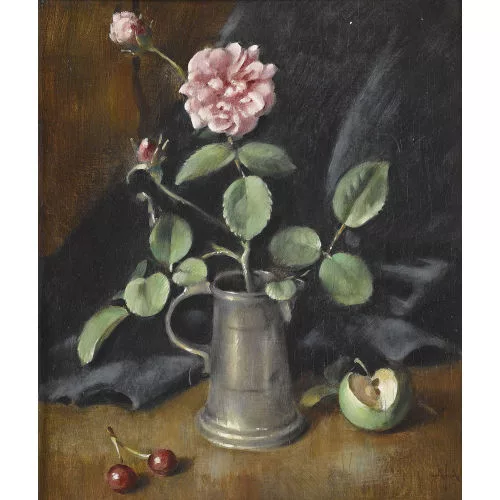 Alfred Anklin — Stillleben mit Früchten und Wildrose in Zinnkrug.