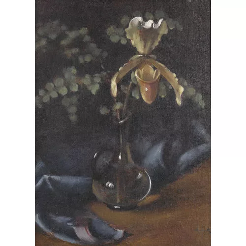 Alfred Anklin — Stillleben mit Orchidee in Glasvase.