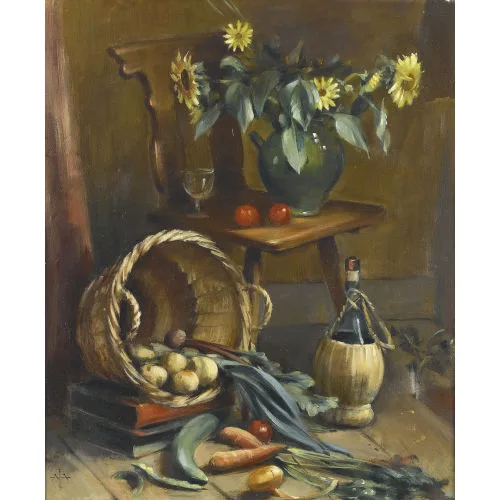 Alfred Anklin — Stillleben mit Gemüsekorb, Sonnenblumen und Chiantiflasche.