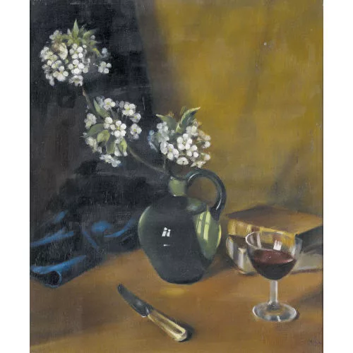 Alfred Anklin — Stillleben mit Blütenzweig, Büchern und Weinglas.