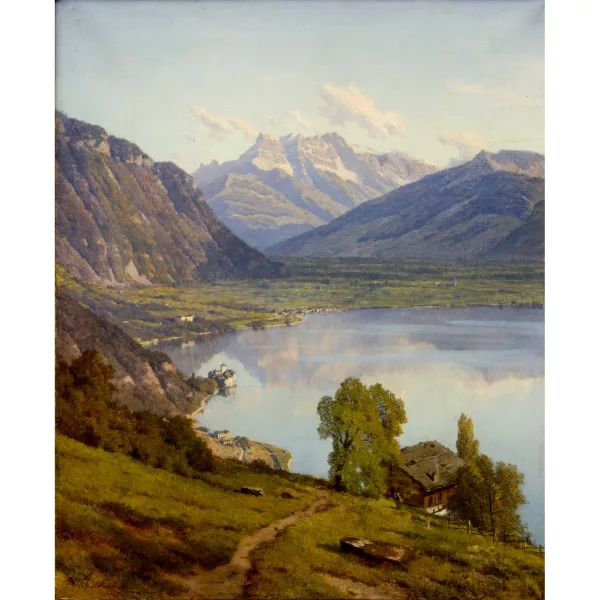 Alfred Chavannes — Genfersee mit Blick auf Château de Chillon und Dents du Midi