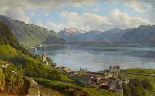 ALFRED CHAVANNES — Blick von Montreux auf den Genfersee und Dents du Midi. 1880. — Koller Auktionen