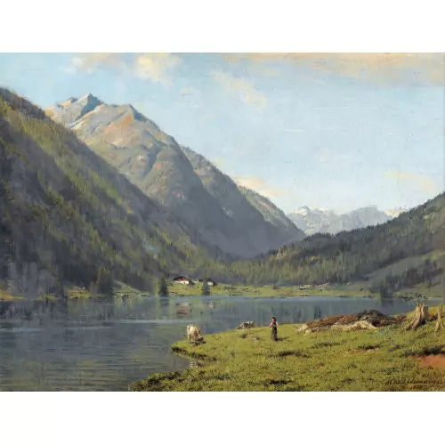 Bergsee mit Schäferin und Kühen