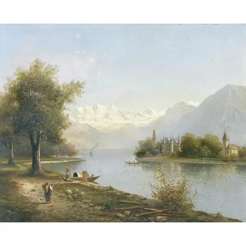 Alfred Dünz — Ansicht der Halbinsel Schadau mit Blümlisalp und Niesen.