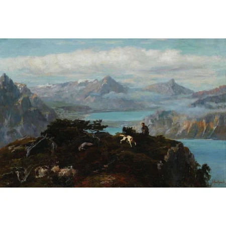 Blick auf Thuner- und Brienzersee mit Jäger und Hund