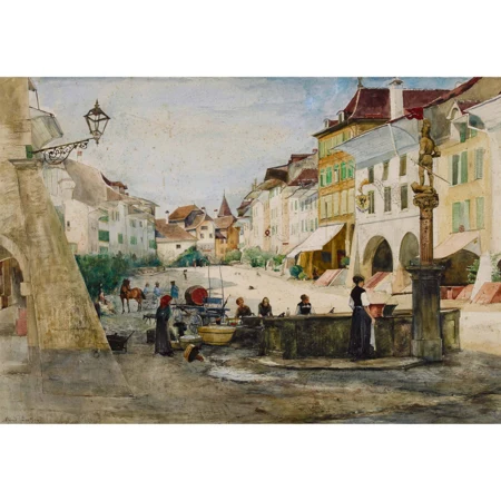 Brunnen an der Hauptgasse in Murten mit Blick gegen das Rübenloch