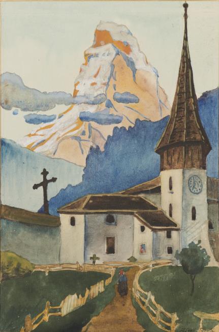 Alfred Ingold (1895-1972, CH), "Paysage à l'église devant le Cervin"