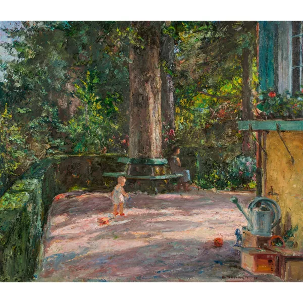 Alfred Marxer — Spielendes Kind im sommerlichen Garten.