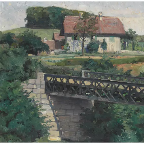Sommerlicher Hof mit Brücke