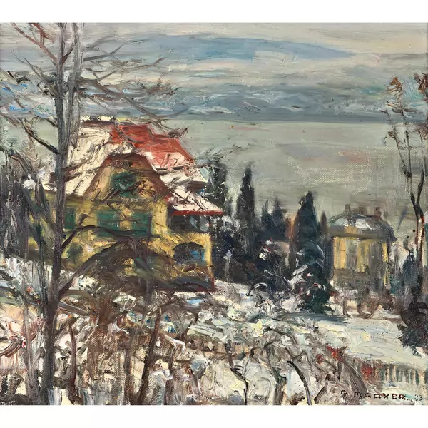 Häuser oberhalb eines Sees im Winter