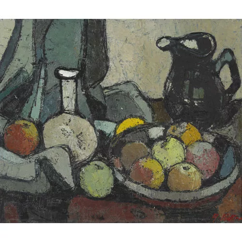 Alfred Sidler — Stillleben mit Krug, Vase und Äpfeln.