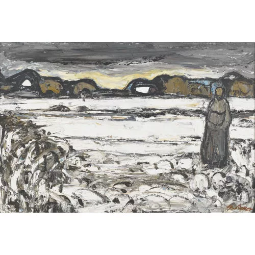 Alfred Sidler — Bäuerin in verschneiter abendlicher Landschaft.