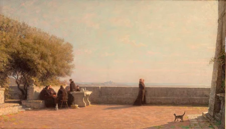 Terrasse de couvent avec moines