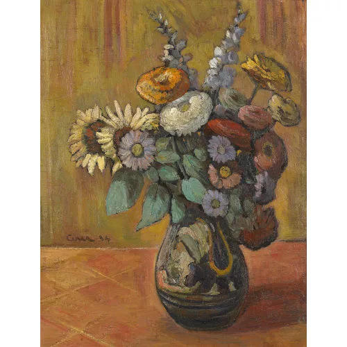 Alfredo Cini — Stillleben mit Gartenblumen in Vase.