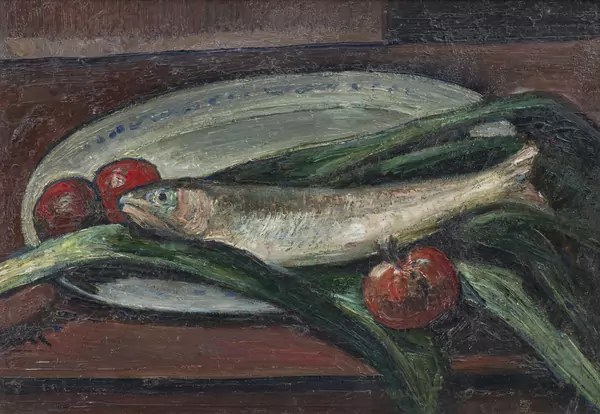 Alfredo CINI (1887-1970), "Nature morte aux tomates, poireaux et poissons - Trota", huile sur carton — DognyAuction