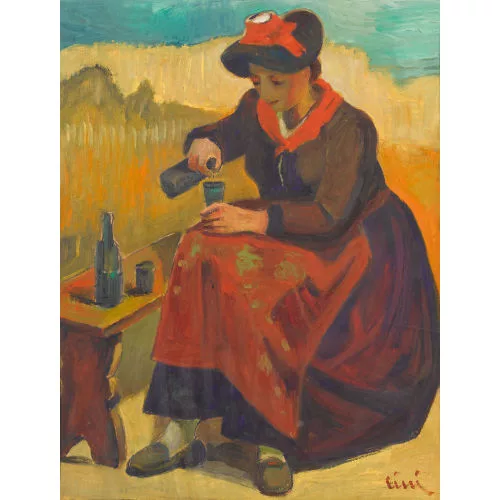 Alfredo Cini — Sitzende Walliserin beim Weintrinken.