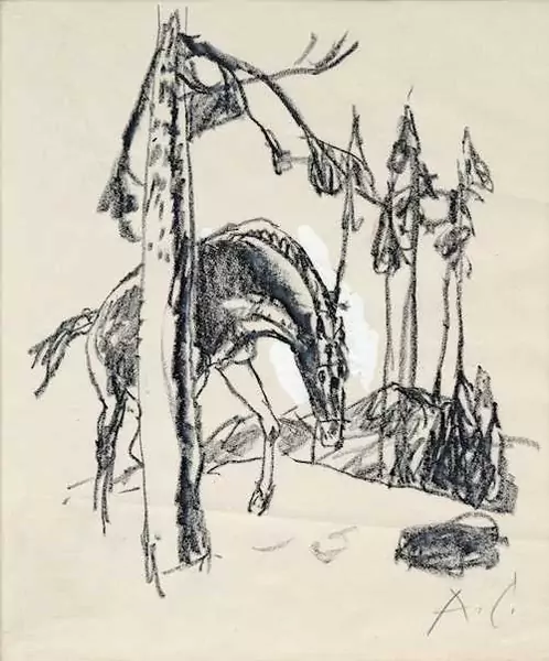 ALOIS CARIGIET — Pferd in Tannengruppe. — Koller Auktionen