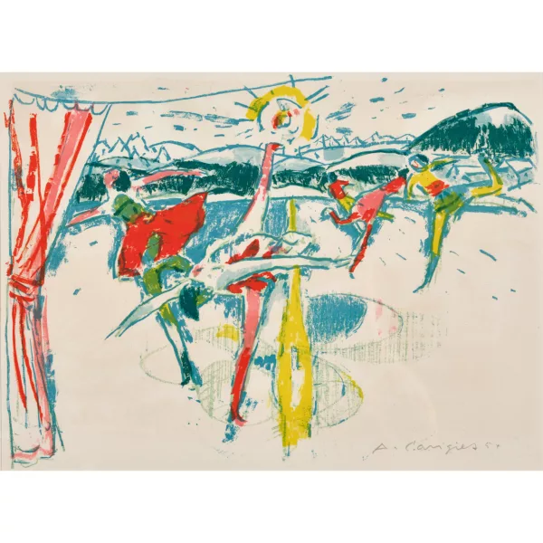 Alois Carigiet — Eiskunstläuferinnen vor Bergkulisse.