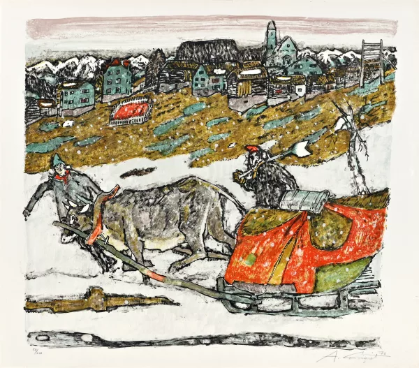 Alois Carigiet — Kuhgespann im Schnee, 1976